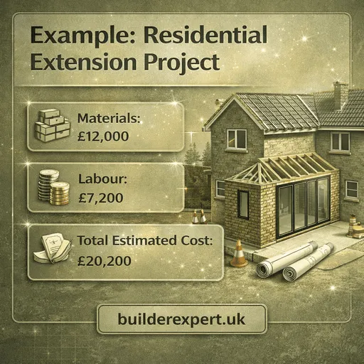 Infographic showing a residential extension project example with estimated construction costs in pounds including materials, labour, and total project estimate.