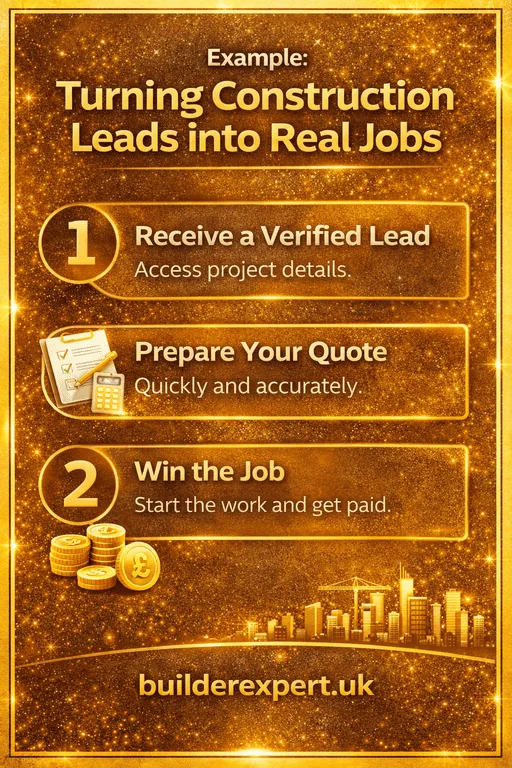 Vertical infographic showing an example of turning construction leads into real jobs, with steps for receiving a verified lead, preparing a quote, and winning the job, branded with Builderexpert.uk.