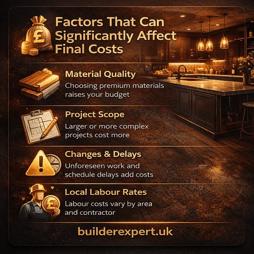 Infographic showing factors that can significantly affect final kitchen renovation costs, with a modern kitchen background and icons highlighting materials, scope, delays, and labour rates.