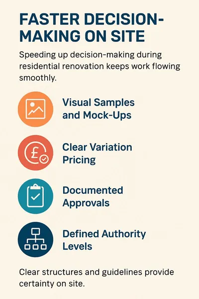 Infographic showing faster decision-making on site in residential renovation, including visual samples, clear variation pricing, documented approvals, and defined authority levels.