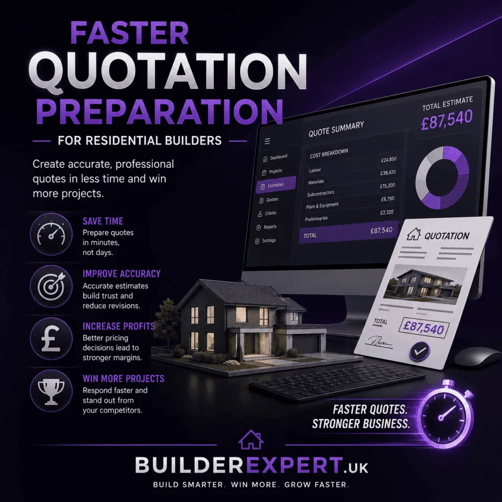 Square infographic titled "Faster Quotation Preparation for Residential Builders" featuring a dark purple and grey background with advanced digital estimating graphics, a modern residential property, professional quotation documents, British pound (£) pricing examples, and software dashboard visuals. The infographic highlights faster quote preparation, improved accuracy, stronger profit margins, and increased project win rates for UK residential builders. BuilderExpert.UK branding is displayed at the bottom.