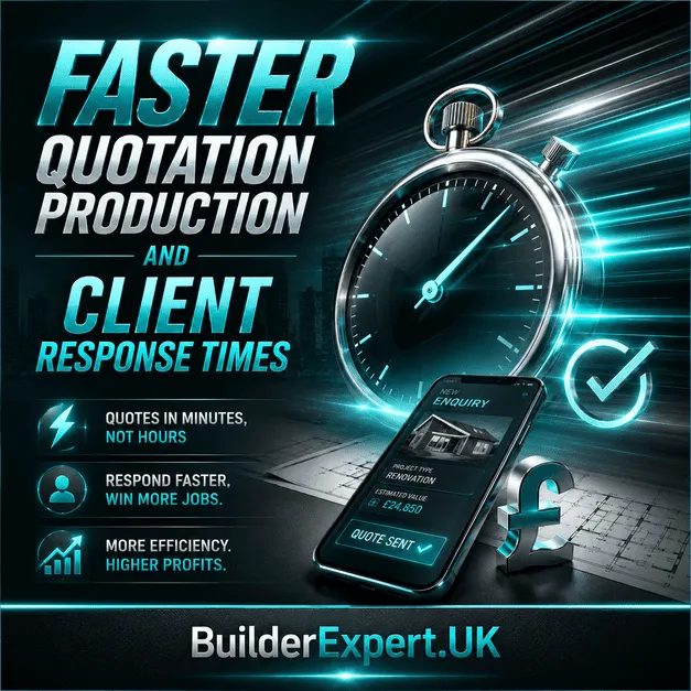 ALT TEXT Square infographic titled "Faster Quotation Production and Client Response Times". The design features a premium turquoise and dark grey colour scheme with glossy metallic effects, motion graphics, and futuristic lighting. A large stopwatch, digital quotation interface, smartphone estimating app, and British pound (£) symbol highlight the speed and efficiency of modern construction estimating. Key messages include Quotes in Minutes, Not Hours, Respond Faster, Win More Jobs, and More Efficiency, Higher Profits. BuilderExpert.UK is displayed prominently at the bottom.