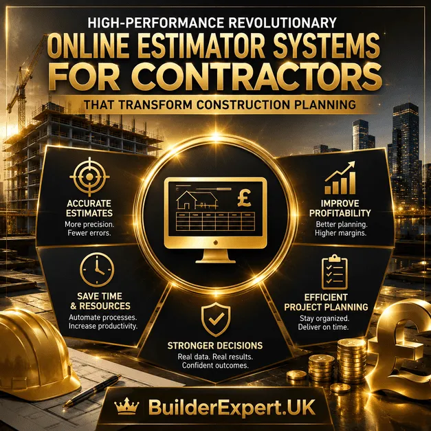 Infographic showing how online estimator systems help UK contractors improve quoting, forecasting and profitability