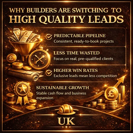 Why builders are switching to high quality construction leads UK infographic showing predictable pipeline, higher win rates, and exclusive client opportunities with £ symbols