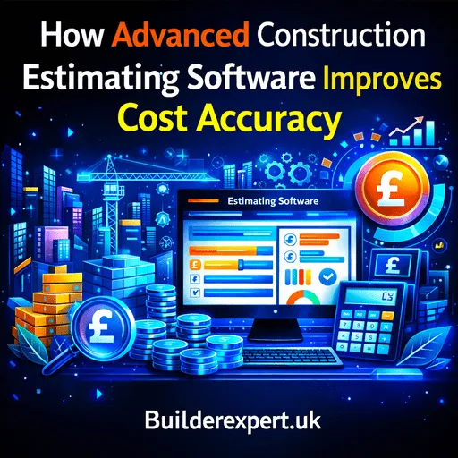 Infographic showing how Advanced Construction Estimating Software improves cost accuracy using digital dashboards, blue financial graphics, and construction estimation visuals on a dark background.