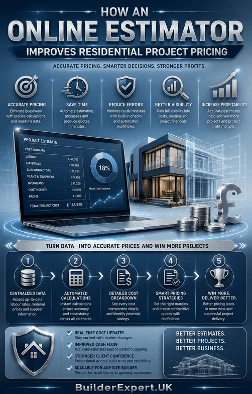 How an Online Estimator Improves Residential Project Pricing infographic highlighting accurate pricing, reduced estimating errors, improved profitability, and smarter cost management for residential construction projects.