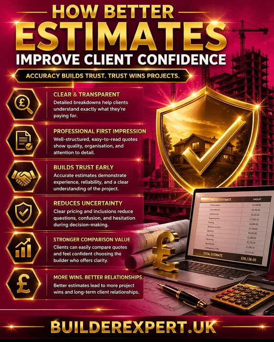 Infographic showing how better estimates improve client confidence with professional construction visuals, gold icons, UK pound symbols, and benefits including trust, transparency, and stronger client relationships