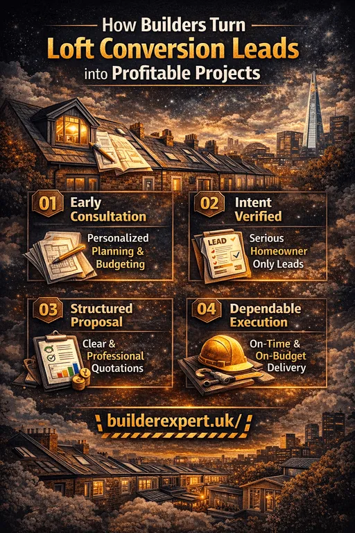 Infographic showing how builders turn loft conversion leads into profitable projects in the UK through early consultation, verified intent, structured proposals, and on-time delivery.