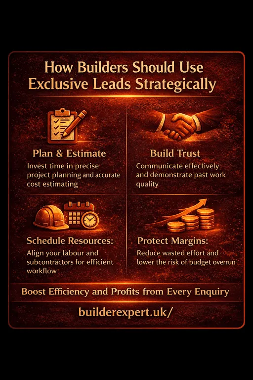 Infographic showing how builders should use exclusive home improvement leads UK strategically to plan projects, build trust, schedule resources, and protect profit margins