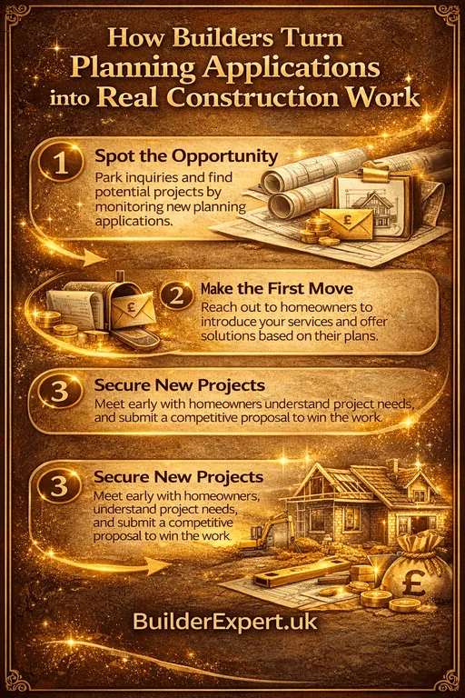 How builders turn planning application leads UK into real residential construction projects infographic Title How Builders Turn Planning Application Leads UK into Construction Projects Caption Infographic showing how builders use planning application leads UK to identify residential projects early, contact homeowners, and