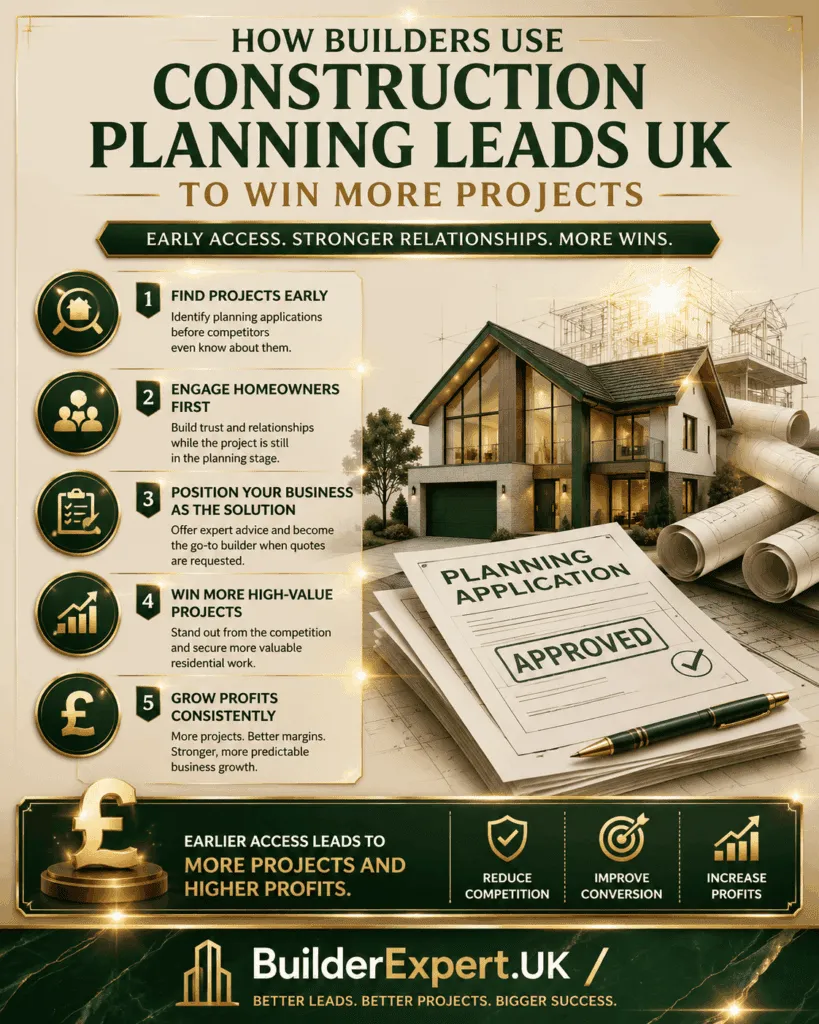 How Builders Use Construction Planning Leads UK to Win More Projects infographic featuring planning application opportunities, early project access, homeowner engagement, residential construction growth, and British pound (£) profitability indicators. The visual demonstrates how builders secure more high-value projects through planning-based lead generation.