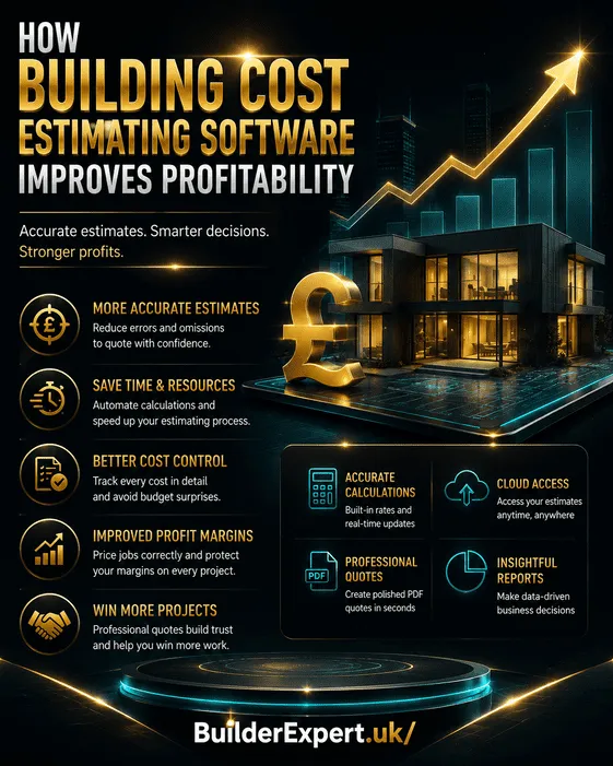 Professional 4:5 infographic titled "How Building Cost Estimating Software Improves Profitability" featuring BuilderExpert's estimating software with a modern building, upward profit graph, £ symbol, and key benefits including more accurate estimates, improved cost control, faster estimating, cloud access, professional quotations, and stronger profit margins on a premium dark background with gold and teal highlights.