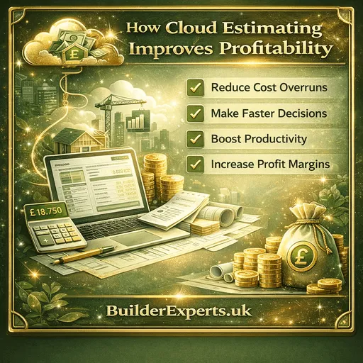 Infographic explaining how cloud estimating improves profitability for construction projects with cost tracking, budgeting tools, and £ profit analysis.