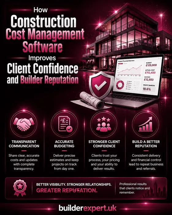 Professional dark pink infographic showing how construction cost management software improves client confidence, strengthens builder reputation, supports accurate budgeting, and increases transparency for UK residential construction projects.