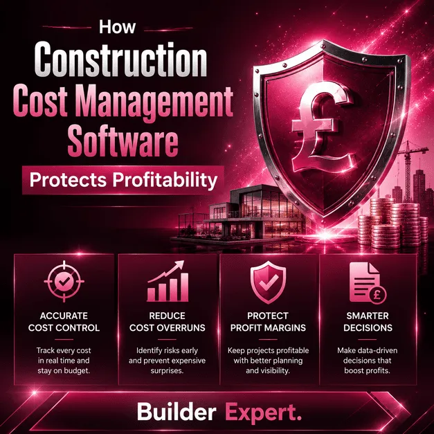 Professional dark pink infographic showing how construction cost management software helps UK residential builders reduce cost overruns, improve financial visibility, protect profit margins, and make smarter budgeting decisions in 2026.