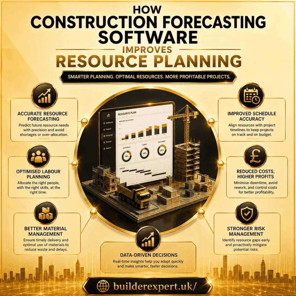 Construction infographic titled "How Construction Forecasting Software Improves Resource Planning" featuring a forecasting dashboard, construction helmet, resource planning graphics, gold financial elements, and a premium ochre and gold colour palette. The design highlights resource forecasting, workforce allocation, schedule accuracy, productivity improvements, and stronger project delivery.