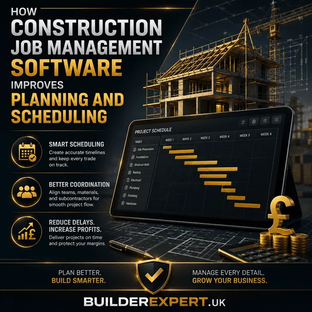 Infographic illustrating how construction job management software improves planning and scheduling for UK residential builders, featuring digital project timelines, smart scheduling, team coordination, cost control, and BuilderExpert.UK branding with a professional dark construction theme.