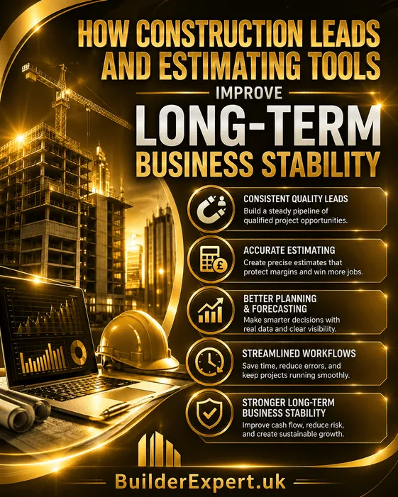 How construction leads and estimating tools improve long-term business stability infographic showing builders improving project forecasting, pricing accuracy, workflow efficiency, qualified lead generation, and sustainable construction business growth.