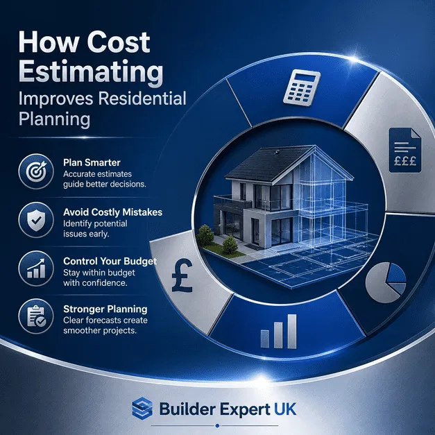 Blue and silver infographic showing how cost estimating improves residential planning, featuring realistic home construction visuals, budgeting graphics, UK pound symbols, and Builder Expert UK branding.