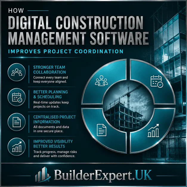 Premium digital construction management software infographic showing how project coordination improves through stronger team collaboration, centralised project information, scheduling visibility, and real-time construction management systems.