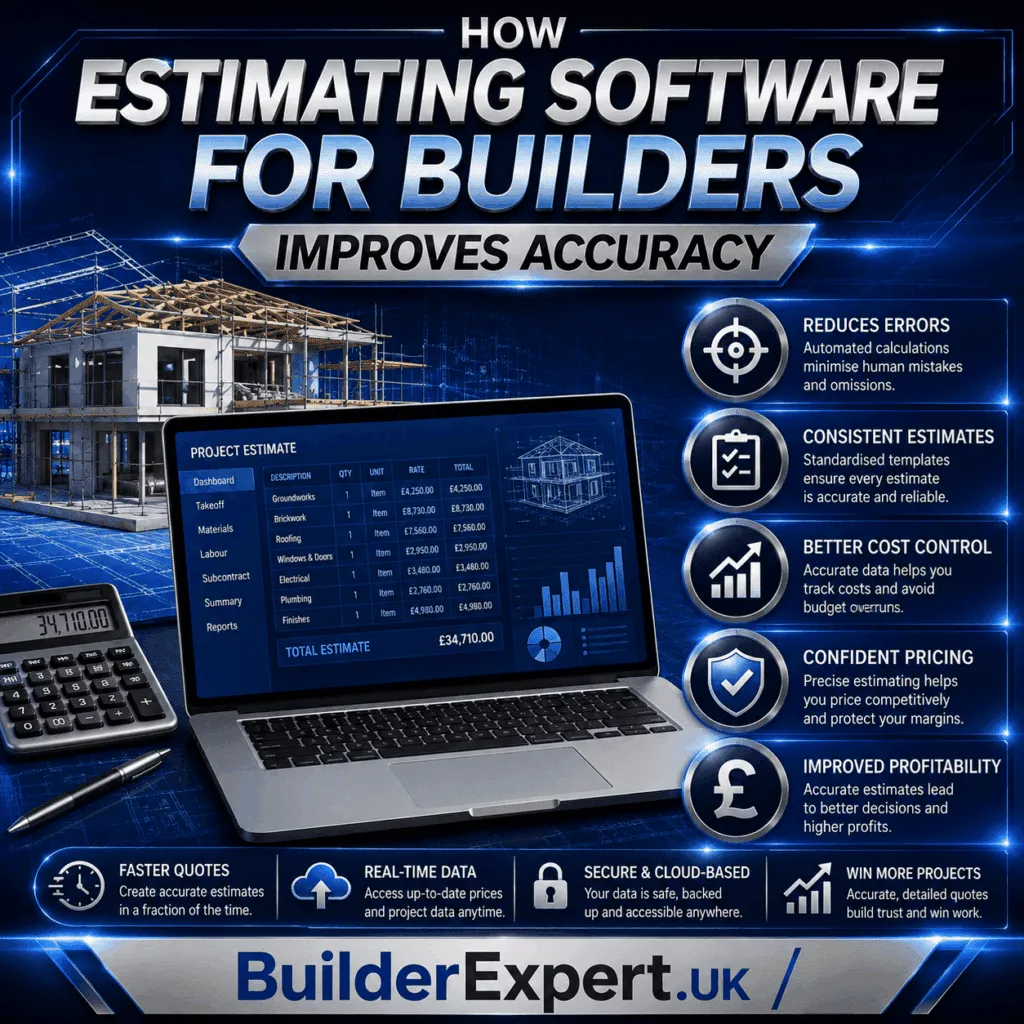 How Estimating Software for Builders Improves Accuracy infographic featuring digital construction estimating, automated cost calculations, project pricing analysis, and British pound (£) profitability indicators. The visual highlights how estimating software helps builders reduce errors, improve pricing consistency, and increase project profitability.