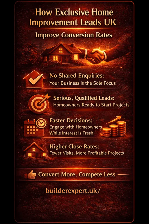 Infographic showing how exclusive home improvement leads UK improve conversion rates for residential builders by removing shared enquiries and increasing close rates