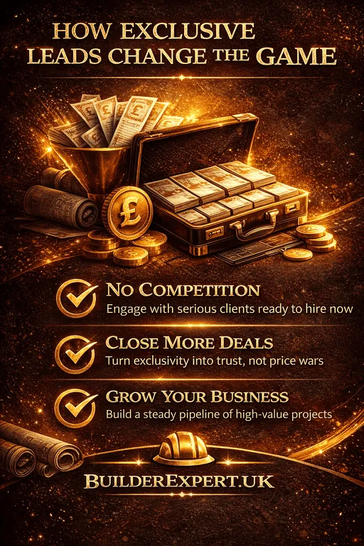 How exclusive leads change the game infographic showing high quality construction leads UK with no competition, higher win rates, and exclusive client opportunities with £ symbols