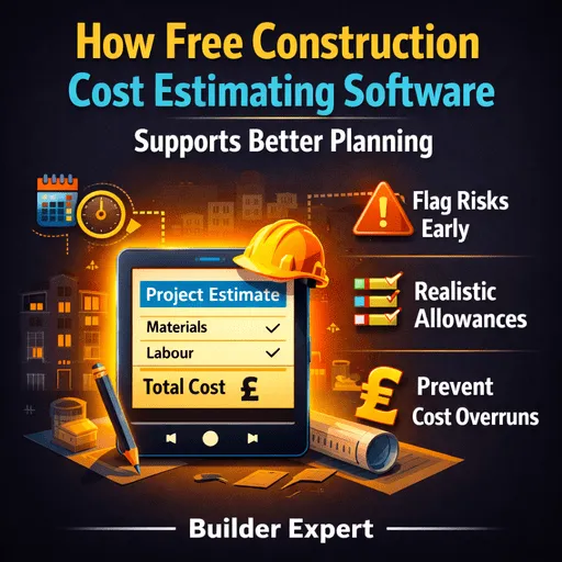 Infographic showing how free construction cost estimating software supports better planning in small apartment renovations, with project estimates, £ symbols, and risk indicators