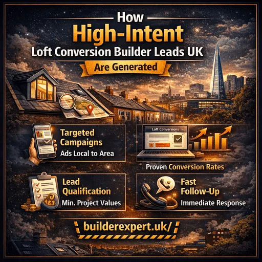 Infographic explaining how high-intent loft conversion builder leads are generated in the UK, showing targeted campaigns, lead qualification, fast follow-up, and higher conversion rates.