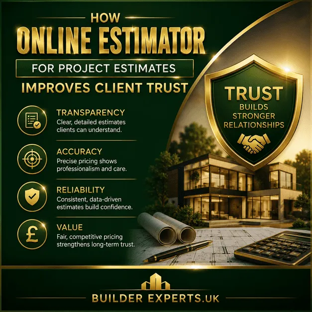 Professional green and gold infographic showing how an online estimator for project estimates improves client trust through transparent pricing, accurate estimates, reliable forecasting, and stronger communication in UK residential construction projects.