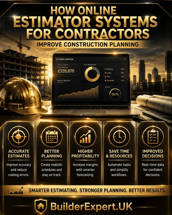 Professional dark earth-tone construction infographic explaining how online estimator systems for contractors improve construction planning through forecasting visibility, quotation accuracy, operational efficiency, and project coordination.
