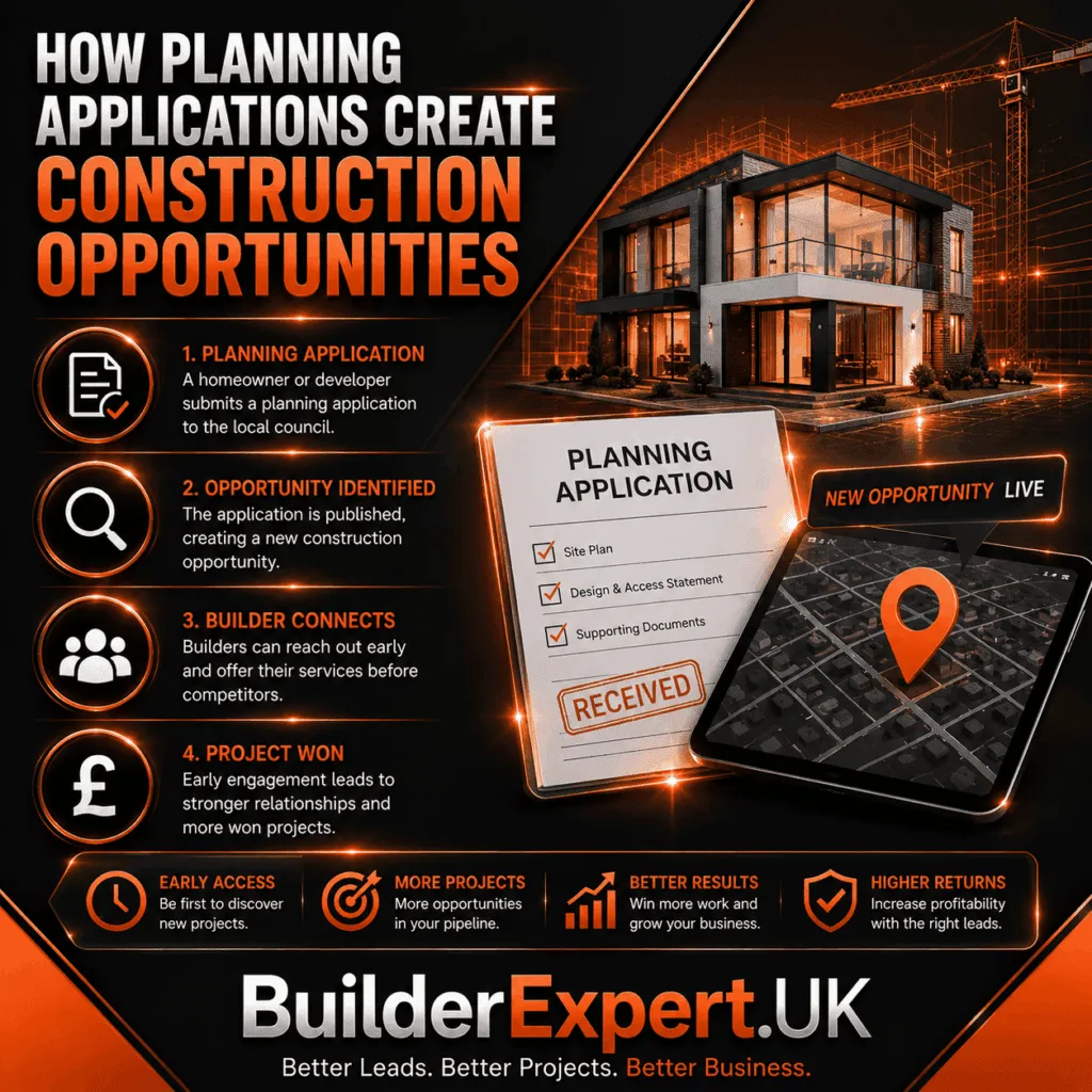 Alt Text How Planning Applications Create Construction Opportunities infographic featuring planning application data, residential development projects, construction opportunity tracking, early project discovery, and British pound (£) investment indicators. The visual demonstrates how planning applications generate construction opportunities and help builders connect with potential projects before competitors.