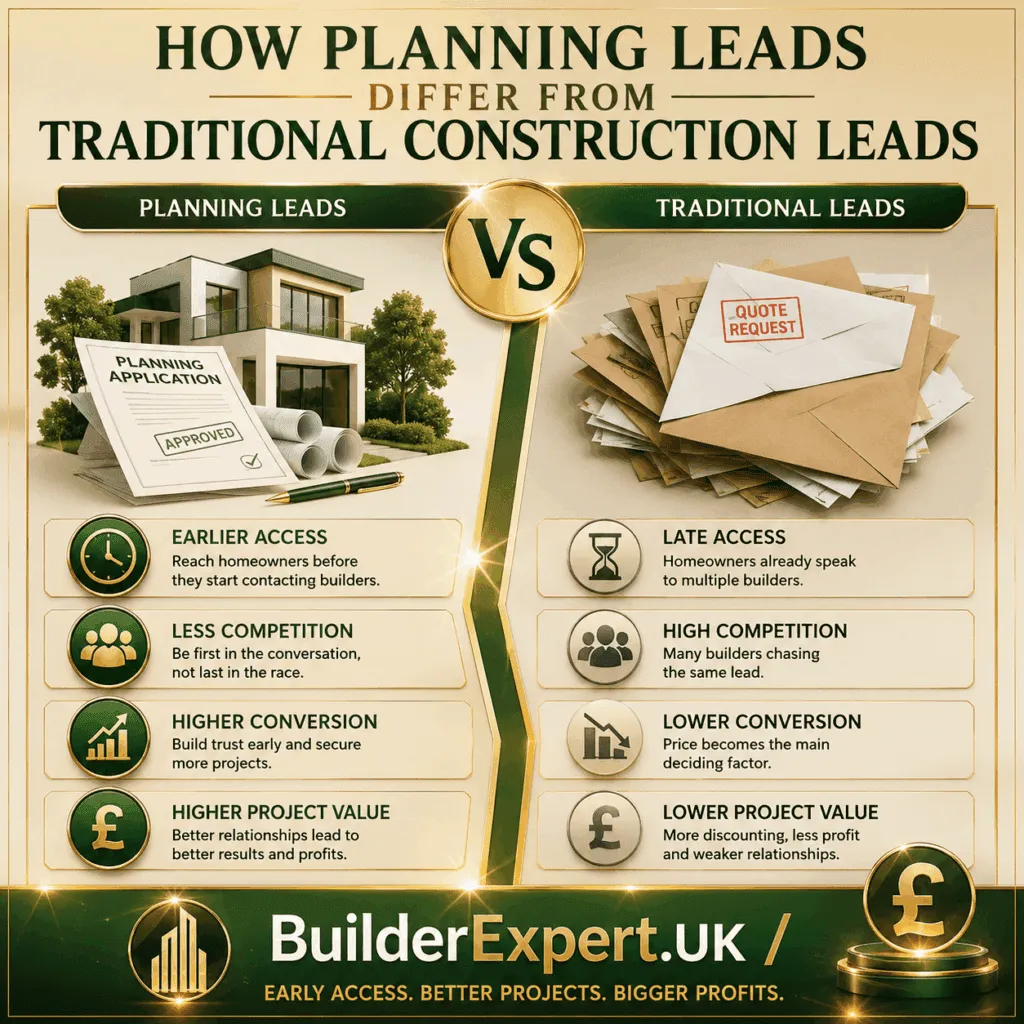 How Planning Leads Differ from Traditional Construction Leads infographic comparing planning-based project opportunities with traditional construction enquiries. The visual highlights early project access, reduced competition, higher conversion rates, and stronger profitability, alongside British pound (£) business growth indicators.