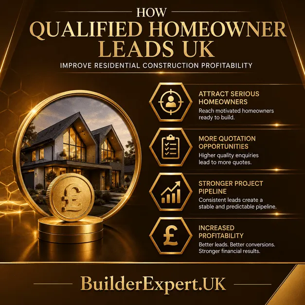 Premium infographic showing how qualified homeowner leads UK improve residential construction profitability through stronger homeowner targeting, higher quotation conversion, project pipeline stability, and sustainable business growth.