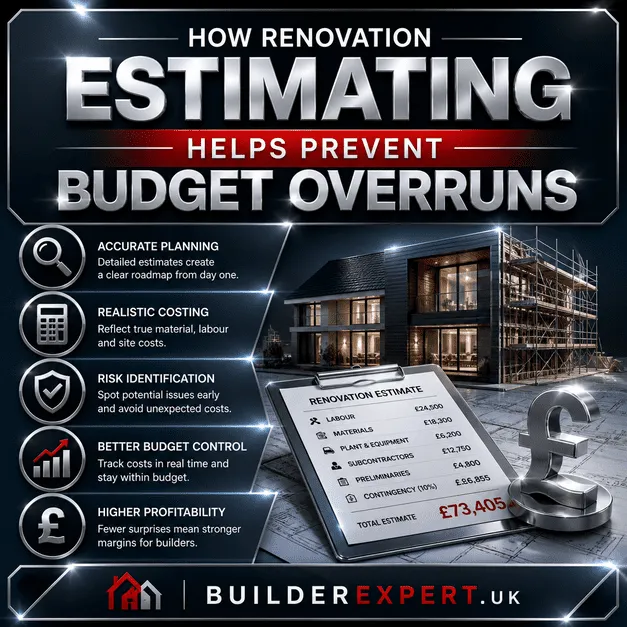 Infographic showing how renovation estimating helps prevent budget overruns including accurate planning, cost control, and real-time tracking