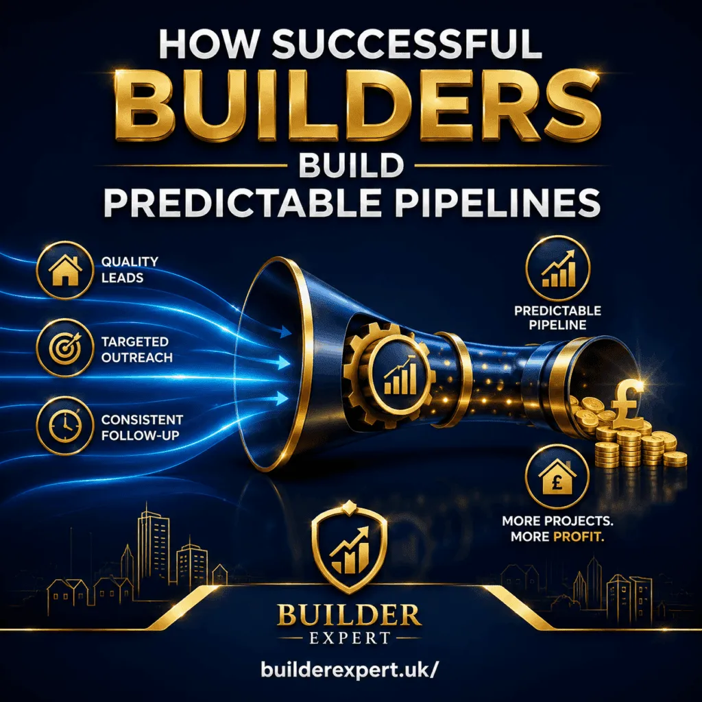 Square infographic titled "How Successful Builders Build Predictable Pipelines" featuring a futuristic pipeline visual that transforms qualified homeowner leads into profitable construction projects. The design uses dark blue and gold colours with glowing effects, UK pound symbols, business growth icons, and visual elements representing quality leads, targeted outreach, consistent follow-up, predictable project flow, and increased profitability. BuilderExpert.uk branding is displayed at the bottom.