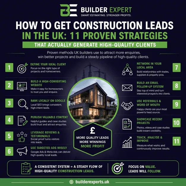 Infographic showing 11 proven strategies for how to get construction leads in the UK for residential builders
