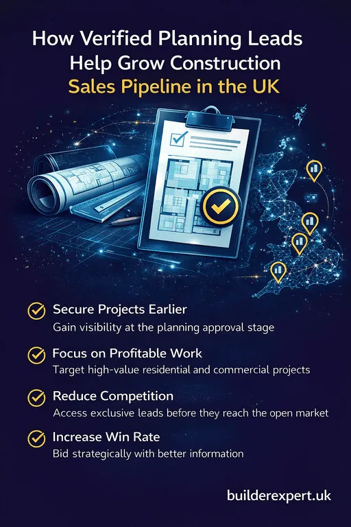 Infographic showing how verified planning leads help grow construction sales pipeline in the UK, highlighting early project access, reduced competition, and higher win rates