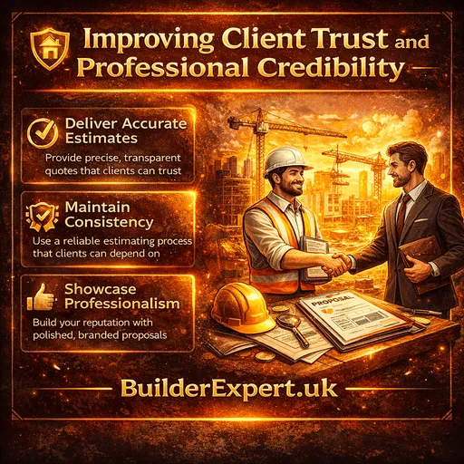 Improving client trust and professional credibility infographic showing accurate construction estimates, client communication, and contractor reputation building