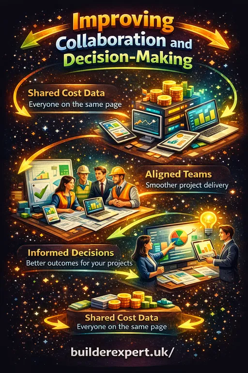Vertical infographic showing how improved collaboration and decision-making in residential construction is achieved through shared cost data, aligned teams, and informed decisions using structured estimating