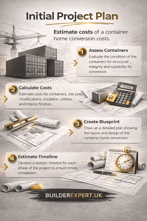 Infographic showing the initial project plan for a container home conversion including container assessment, cost estimation, blueprint planning, and construction timeline for UK builders.