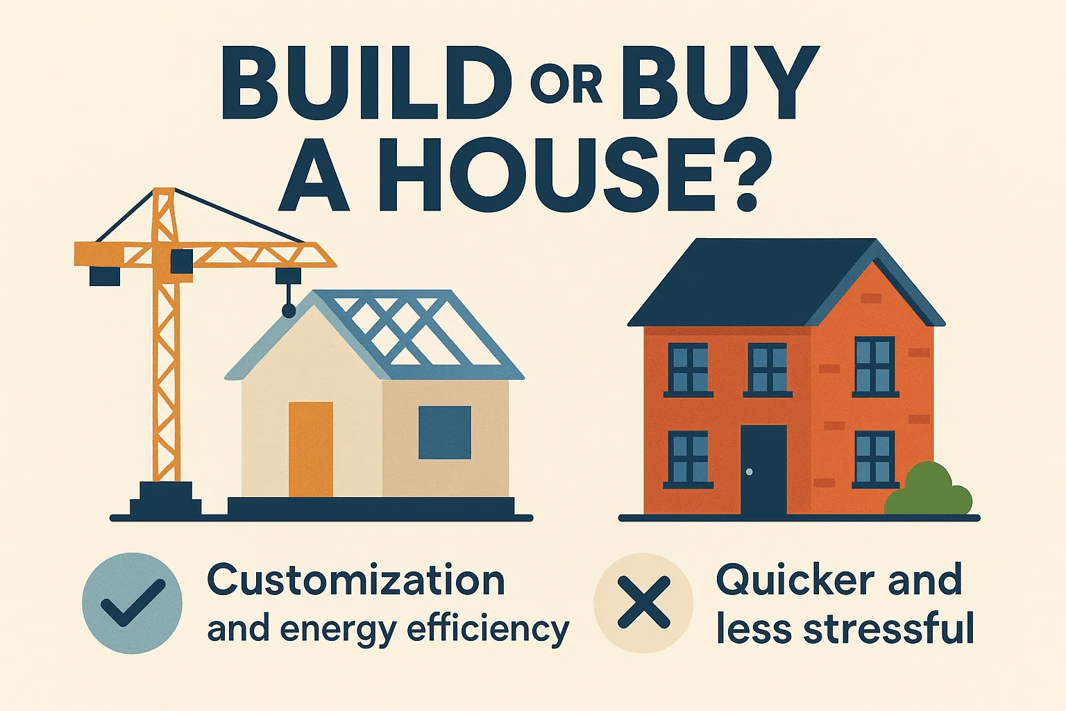 Infographic showing key benefits when deciding whether to build or buy a house, highlighting customisation and energy efficiency versus speed and ease.
