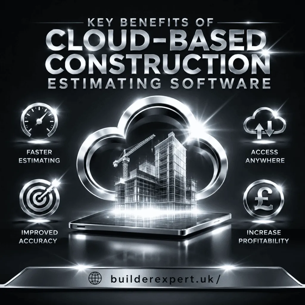 Cloud-Based Construction Estimating Software infographic highlighting faster estimating, improved accuracy, cloud access, and increased profitability for construction businesses.