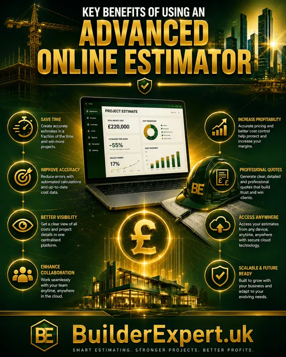 Key Benefits of Using an Advanced Online Estimator infographic highlighting faster estimating, improved accuracy, stronger collaboration, and increased profitability for construction businesses.
