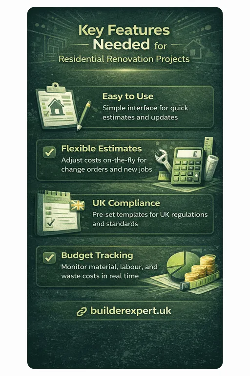 Vertical infographic showing key features needed for residential renovation projects, including flexible estimating, UK compliance, budget tracking, and ease of use for builders.