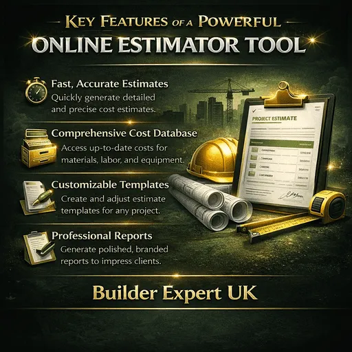 Key features of a powerful online estimator tool for construction UK infographic highlighting accuracy, speed, and cost estimation capabilities