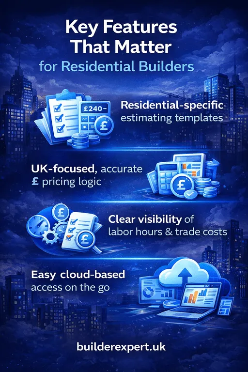 Vertical infographic showing key features for residential builders, with bold blue graphics, city building background, and construction estimating icons.