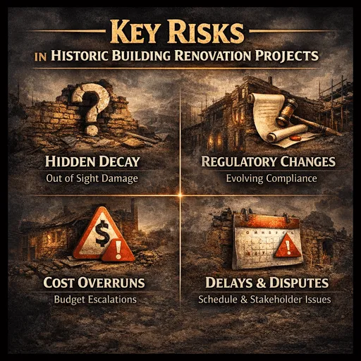 Infographic highlighting key risks in historic building renovation projects, including hidden decay, regulatory changes, cost overruns, and project delays in high-risk renovations