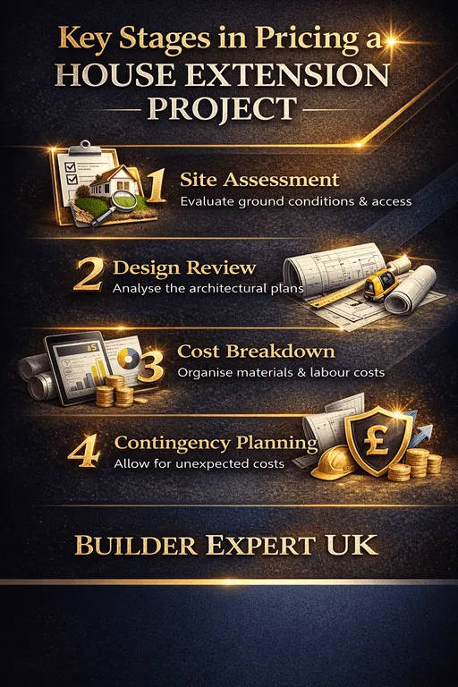 Infographic showing the key stages in pricing a house extension project using building estimating software UK, including site assessment, design review, cost breakdown, and contingency planning.