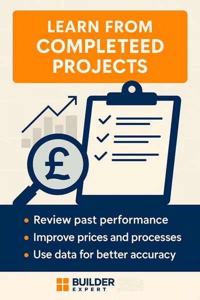 Infographic showing how UK residential builders can learn from completed projects by reviewing past performance, improving pricing and processes, and using data to increase estimating accuracy.